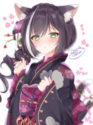 Rule 34 | 1girl, :o, animal ear fluff, animal ears, artist name, black hair, blush, braid, cat ears, cat girl, cat tail, floral print, french braid, frills, gem, green eyes, hair ornament, japanese clothes, karyl (new year) (princess connect!), karyl (princess connect!), kimono, long hair, looking at viewer, motion lines, multicolored hair, neco meito, obi, playing with own hair, princess connect!, sash, signature, solo, streaked hair, tail, tail wagging, white background, white hair, wide sleeves