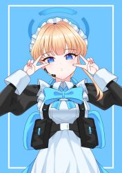 Rule 34 | 1girl, absurdres, apron, belt, blonde hair, blue archive, blue eyes, blunt bangs, bow, bowtie, commentary request, double v, hair bun, headset, highres, jojyo, long hair, long sleeves, looking at viewer, maid, maid apron, maid headdress, shoulder strap, sidelocks, single hair bun, solo, toki (blue archive), v