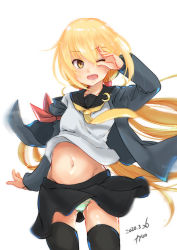 Rule 34 | 1girl, black serafuku, black thighhighs, blonde hair, blush, breasts, commentary request, crescent, crescent pin, fyuo, hair between eyes, hair ornament, highres, kantai collection, long hair, long sleeves, looking at viewer, low twintails, navel, neckerchief, necktie, one eye closed, open mouth, panties, revision, satsuki (kancolle), satsuki kai ni (kancolle), school uniform, serafuku, simple background, skirt, smile, solo, striped clothes, striped panties, thighhighs, twintails, underwear, white background, wind, wind lift, yellow eyes