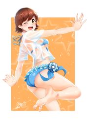 Rule 34 | 1girl, ;d, bad feet, bare legs, barefoot, bikini, blue bikini, blush, brown eyes, brown hair, casino (casinoep), feet, honda mio, idolmaster, idolmaster cinderella girls, looking at viewer, looking to the side, one eye closed, open mouth, see-through, shirt, short sleeves, smile, soles, solo, swimsuit, teeth, toes, upper teeth only, wet, wet clothes, wet shirt, white shirt