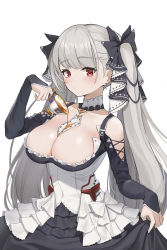 Rule 34 | 1girl, absurdres, azur lane, between breasts, binu (nadenade), black ribbon, breasts, cleavage, collarbone, cup, dress, earrings, formidable (azur lane), grey hair, hair ribbon, has bad revision, has downscaled revision, highres, jewelry, large breasts, long hair, looking at viewer, md5 mismatch, red eyes, resolution mismatch, revision, ribbon, simple background, solo, source smaller, tea, teacup, twintails, two-tone dress, two-tone ribbon, white background, white ribbon