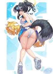 Rule 34 | 1girl, animal ears, arm tattoo, ass, bare legs, black hair, blue archive, blue eyes, bracelet, breasts, dog ears, dog tail, from behind, full body, goggles, goggles on head, gonster, halo, hibiki (blue archive), hibiki (cheer squad) (blue archive), highres, holding, holding pom poms, jewelry, large breasts, looking back, millennium cheerleader outfit (blue archive), open mouth, panties, pom pom (cheerleading), pom poms, ponytail, shoes, sidelocks, solo, star tattoo, tail, tattoo, underwear, white footwear, white panties