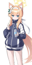 Rule 34 | 1girl, animal ear fluff, animal ears, blue archive, blue eyes, bottle, flower, hair flower, hair ornament, hairband, halo, highres, holding, holding bottle, jacket, long hair, low ponytail, mari (blue archive), mari (track) (blue archive), multicolored clothes, multicolored jacket, namaonpa, official alternate costume, orange hair, shorts, sportswear, standing, two-tone jacket, white background, white hairband