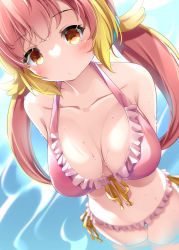 Rule 34 | 1girl, nanashi inc., animare, arms behind back, bare shoulders, bikini, blonde hair, blush, breasts, breasts apart, closed mouth, collarbone, frilled bikini, frills, from above, halterneck, highres, hira hikari, large breasts, long hair, looking at viewer, low twintails, multicolored hair, pink bikini, pink hair, sch, solo, swimsuit, twintails, two-tone hair, virtual youtuber, wading, water, wet, wet hair, yellow eyes