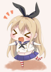 Rule 34 | &gt; &lt;, 10s, 1girl, :d, animal ears, blonde hair, chibi, closed eyes, elbow gloves, fake animal ears, gloves, hairband, highres, kantai collection, long hair, midriff, monuke (monu), navel, open mouth, pleated skirt, rabbit ears, sailor collar, shimakaze (kancolle), skirt, smile, solo, striped clothes, striped thighhighs, thighhighs, white gloves, xd