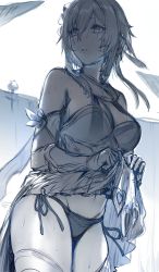 Rule 34 | 1girl, bare shoulders, breasts, genshin impact, hair between eyes, hews, highres, lifting own clothes, looking to the side, lumine (genshin impact), medium breasts, medium hair, monochrome, navel, panties, parted lips, side-tie panties, sketch, solo, thighs, underwear, wet, wet clothes, wet hair
