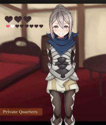 Rule 34 | 1girl, armor, arms behind back, bed, black border, blue scarf, blurry, blurry background, blush, border, cher i, closed mouth, english text, eyebrows, feet out of frame, female focus, fire emblem, fire emblem fates, gameplay mechanics, gloves, grey eyes, hair between eyes, hair bun, heart, highres, indoors, kana (female) (fire emblem), kana (fire emblem), looking at viewer, matching hair/eyes, nintendo, outside border, pointy ears, scarf, sidelocks, silver hair, single hair bun, smile, solo, standing, table, white gloves