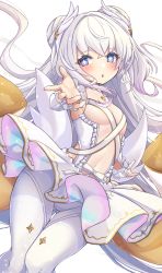 Rule 34 | + +, 1girl, absurdres, azur lane, blue eyes, blush, breasts, cleavage, double bun, dress, frills, gluteal fold, hair between eyes, hair bun, highres, knees together feet apart, le malin (azur lane), le malin (muse) (azur lane), long hair, looking at viewer, open mouth, pantyhose, rikiddo (tise 00), simple background, small breasts, solo, symbol-shaped pupils, tagme, very long hair, white background, white dress, white hair, white pantyhose