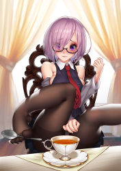 Rule 34 | bad anatomy, bad id, bad pixiv id, black-framed eyewear, breasts, chair, crotch seam, cup, curtains, elbow gloves, eyes visible through hair, fate/grand order, fate (series), feet, holding with feet, glasses, gloves, hair over one eye, large breasts, mash kyrielight, necktie, no shoes, panties, panties under pantyhose, pantyhose, pink hair, purple eyes, rhasta, room, short hair, sitting, soles, solo, spoon, table, tea, teacup, thighband pantyhose, toes, underwear