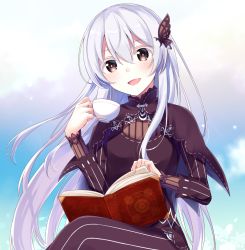 Rule 34 | 1girl, :d, black capelet, black dress, black eyes, blush, book, butterfly hair ornament, capelet, colored eyelashes, crossed legs, cup, dress, echidna (re:zero), floating hair, hair between eyes, hair ornament, holding, holding cup, long hair, long sleeves, looking at viewer, nemu mohu, open book, open mouth, re:zero kara hajimeru isekai seikatsu, silver hair, sitting, smile, solo, striped clothes, striped dress, teacup, vertical-striped clothes, vertical-striped dress, very long hair, white background