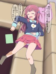 Rule 34 | 1girl, couch, drooling, closed eyes, girlish number, hand on own stomach, karasuma chitose (girlish number), kosyooka, long hair, long sleeves, lying, on back, on couch, open mouth, panties, pantyshot, pillow, skirt, sleep talking, sleeping, socks, solo, translation request, underwear, white panties