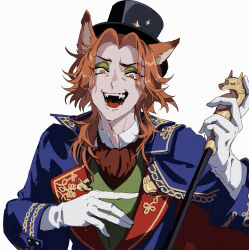 Rule 34 | 1boy, absurdres, animal ears, ascot, blue coat, coat, collared shirt, evil grin, evil smile, eyeshadow, fangs, fellow honest, fox ears, green vest, grin, hand on own chest, hat, highres, holding, holding staff, long hair, makeup, male focus, mirai (3ra1 373), orange hair, parted bangs, shirt, smile, staff, top hat, twisted wonderland, vest, wavy hair, white background