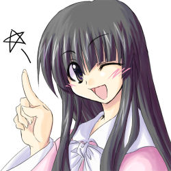 Rule 34 | 1girl, black eyes, black hair, blush, female focus, houraisan kaguya, japanese clothes, long hair, lowres, one eye closed, open mouth, pentagram, pointing, simple background, smile, solo, star (symbol), touhou, upper body, wink
