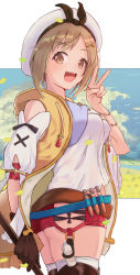 Rule 34 | 1girl, atelier (series), atelier ryza, atelier ryza 1, belt, border, brown eyes, brown hair, clothing cutout, cowboy shot, gloves, hair ornament, hairclip, hat, highres, itachi kanade, looking at viewer, open mouth, red shorts, reisalin stout, short shorts, shorts, shoulder cutout, single glove, solo, thighhighs, v, white border