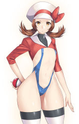 Rule 34 | 1girl, adapted costume, brown hair, covered erect nipples, creatures (company), flat chest, game freak, looking at viewer, lyra (pokemon), nagase haruhito, navel, nintendo, poke ball, poke ball (basic), pokemon, pokemon hgss, shrug (clothing), simple background, solo, stomach, thighhighs, white background