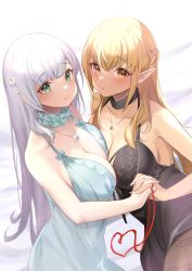 Rule 34 | 2girls, asymmetrical docking, bare arms, bare shoulders, bed sheet, black choker, blonde hair, blush, braid, breast press, breasts, brown eyes, brown legwear, choker, cleavage, closed mouth, elf, glint, green eyes, heart, highres, holding hands, hololive, implied yuri, interlocked fingers, jewelry, konasu (sndk1480), large breasts, lingerie, long hair, looking at viewer, multiple girls, neck garter, necklace, negligee, pantyhose, pointy ears, red string of fate, shiranui flare, shirogane noel, silver hair, smile, string, string of fate, underwear, underwear only, very long hair, virtual youtuber, yuri