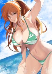 Rule 34 | 1girl, alternate hairstyle, arm up, armpits, bikini, blue sky, breasts, brown eyes, cleavage, closed mouth, curvy, day, earrings, green bikini, hand on own thigh, high ponytail, highres, jewelry, kawabata yoshihiro, large breasts, long hair, nami (one piece), navel, ocean, one piece, orange hair, outdoors, partially submerged, shiny skin, shoulder tattoo, sky, solo, swimsuit, tattoo, thong, thong bikini, underboob, water, wide hips