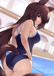 Rule 34 | 1girl, absurdres, animal ears, ass, bare shoulders, blue one-piece swimsuit, blurry, blurry background, breasts, brown hair, closed mouth, clothing cutout, cowboy shot, hand on own hip, highres, horse ears, horse girl, horse tail, indoors, long hair, looking at viewer, looking back, medium breasts, one-piece swimsuit, pool, red eyes, school swimsuit, shiro3necro, signature, sirius symboli (umamusume), solo, standing, swimsuit, tail, tail through clothes, umamusume, water
