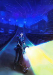Rule 34 | 1girl, absurdres, black hair, gloves, goggles, goggles around neck, highres, house, lamppost, long hair, motor vehicle, night, okuto, original, outdoors, power lines, road, scooter, sky, solo, standing, star (sky), starry sky
