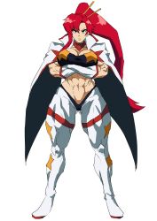 Rule 34 | 1girl, absurdres, bandeau, breasts, cape, cleavage, gloves, gurren ooshima, highres, large breasts, long hair, midriff, muscular, muscular female, ponytail, red hair, serious, solo, space yoko, star (symbol), strapless, tengen toppa gurren lagann, thick thighs, thighhighs, thighs, tube top, yellow eyes, yoko littner
