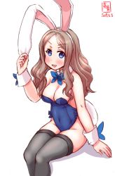 Rule 34 | 1girl, alternate costume, animal ears, artist logo, asakaze (kancolle), black thighhighs, blue bow, blue bowtie, blue eyes, blue leotard, bow, bowtie, commentary request, dated, detached collar, fake animal ears, feet out of frame, forehead, hair bow, hair ribbon, highres, invisible chair, kanon (kurogane knights), kantai collection, leotard, light brown hair, long hair, looking at viewer, parted bangs, playboy bunny, rabbit ears, rabbit tail, ribbon, sidelocks, simple background, sitting, solo, strapless, strapless leotard, tail, thighhighs, wavy hair, white background, wrist cuffs
