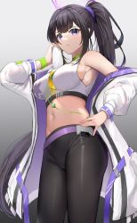 Rule 34 | 1girl, absurdres, bad id, bad pixiv id, black hair, black pants, blue archive, breasts, commentary request, crop top, earphones, gradient background, halo, hand on own hip, hand up, highres, holding, holding towel, jacket, large breasts, long hair, long sleeves, looking at viewer, navel, off shoulder, open clothes, open jacket, pants, parted lips, ponytail, purple eyes, sidelocks, simple background, solo, sports bra, sports sunglasses, standing, stomach, sumire (blue archive), sunglasses, suzuharu toufu, towel, very long hair, white jacket, white sports bra, wristband, yoga pants