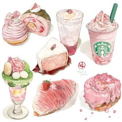 Rule 34 | cake, cherry blossom chiffon cake, cherry blossoms, chiffon cake, cinnamon roll, croissant, cup, disposable cup, drinking glass, drinking straw, food, food focus, frappuccino, fruit, highres, kailene, matcha (food), mochi, mont blanc (food), original, parfait, pickled cherry blossom, pink theme, soda, starbucks, still life, strawberry, swiss roll, whipped cream, white background