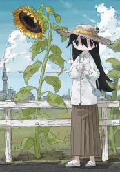 Rule 34 | 1girl, animal print, artist request, black hair, blue eyes, blush, brown skirt, building, city, cloud, day, egg (food), fence, field, fish print, flower, food, food on head, grass, hat, highres, long hair, long skirt, long sleeves, looking at viewer, mushroom, mushroom on head, non-web source, object on head, outdoors, sandals, shimeji simulation, shirt, skirt, solo, straw hat, sunflower, tsukishima shijima, wooden fence, yellow flower