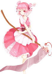 Rule 34 | &gt;:), 1girl, adapted costume, alternate costume, hair ornament, hair ribbon, highres, holding, looking at viewer, onozuka komachi, pink eyes, pink hair, reeh (yukuri130), ribbon, scythe, simple background, solo, star-shaped pupils, star (symbol), symbol-shaped pupils, touhou, twintails, two side up, v-shaped eyebrows, white background