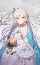 Rule 34 | 1girl, anastasia (fate), bare tree, blue eyes, cape, choker, crown, doll, earrings, fate/grand order, fate (series), gloves, hairband, highres, holding, holding doll, ion (on01e), jewelry, long hair, looking at viewer, mini crown, outdoors, pendant, royal robe, silver hair, snow, solo, tree, very long hair, white gloves