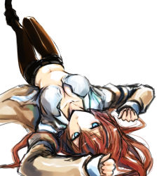 Rule 34 | 1girl, blue eyes, breasts, brown hair, cleavage, foreshortening, highres, jacket, lying, makise kurisu, on back, open clothes, open shirt, pantyhose, pantyhose under shorts, shirt, short shorts, shorts, simple background, solo, steins;gate, thigh gap, thighs, uonuma yuu, upside-down