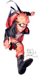 Rule 34 | 1boy, blonde hair, blue eyes, forehead protector, full body, grin, headband, highres, jacket, jersey, looking at viewer, male focus, naruto, naruto (series), sandals, short hair, smile, solo, teeth, uzumaki naruto, white background, zifletts