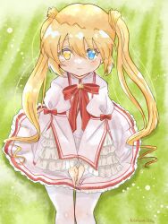 Rule 34 | 1girl, artist name, backlighting, blonde hair, blue eyes, blush, bow, closed mouth, commentary, cowboy shot, crown, dress, eyelashes, eyes visible through hair, frilled dress, frilled sleeves, frills, from above, green background, hair between eyes, heterochromia, highres, juliet sleeves, kazamatsuri institute high school uniform, konomi (konomi00e), long hair, long sleeves, looking at viewer, mini crown, nakatsu shizuru, neck ribbon, own hands together, pink dress, puffy sleeves, red bow, red ribbon, rewrite, ribbon, school uniform, short dress, sidelocks, simple background, sitting, smile, solo, tareme, traditional media, twintails, v arms, very long hair, wide sleeves, yellow eyes