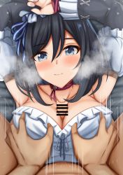 Rule 34 | 1boy, 1girl, armpits, arms up, bad id, bad pixiv id, bar censor, between breasts, black hair, blouse, blue eyes, breasts, censored, collarbone, commission, detached sleeves, eishin flash (umamusume), grabbing, grabbing another&#039;s breast, hair between eyes, heavy breathing, hetero, highres, horse girl, large breasts, looking at viewer, lying, on back, paizuri, paizuri under clothes, peanut (shokan), penis, pixiv commission, pov, shirt, smile, straddling, straddling paizuri, umamusume, white shirt