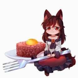 Rule 34 | 1girl, absurdres, animal ear fluff, animal ears, breasts, brown footwear, brown hair, collarbone, commentary, dungeon toaster, english commentary, food, fork, frilled skirt, frills, full body, highres, holding, holding fork, imaizumi kagerou, long hair, long sleeves, looking at viewer, medium breasts, mini person, minigirl, nail polish, plate, raw egg, raw meat, red eyes, red nails, red skirt, shirt, simple background, skirt, solo, tail, touhou, white background, white shirt, wolf ears, wolf girl, wolf tail