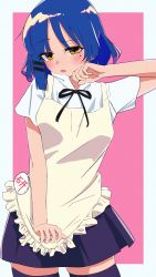 Rule 34 | 1girl, absurdres, apron, badge, black skirt, blue hair, blush, bocchi the rock!, collared shirt, cosplay, crossover, hair ornament, hand up, highres, looking at viewer, mole, mole under eye, name connection, open mouth, pleated skirt, ribbon, shinaq, shirt, short hair, short sleeves, simple background, skirt, solo, thighhighs, two-tone background, wagnaria uniform, white shirt, working!!, yamada aoi, yamada aoi (cosplay), yamada ryo, yellow eyes, zettai ryouiki