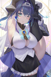 Rule 34 | 1girl, armpits, black gloves, black skirt, black thighhighs, blue bow, blue bowtie, blue eyes, blue hair, blush, bow, bowtie, breasts, detached sleeves, gloves, gtunver, hair between eyes, hair intakes, head chain, heart, highres, hololive, hololive english, jewelry, large breasts, long sleeves, looking at viewer, one eye closed, ouro kronii, parted lips, shirt, skirt, sleeveless, sleeveless shirt, solo, split, standing, standing on one leg, standing split, thighhighs, virtual youtuber, white shirt
