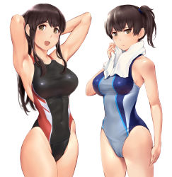 Rule 34 | 2girls, akagi (kancolle), armpits, arms behind head, arms up, bare shoulders, black one-piece swimsuit, blue one-piece swimsuit, breasts, brown eyes, brown hair, closed mouth, competition swimsuit, covered navel, grey one-piece swimsuit, highleg, highleg swimsuit, highres, kaga (kancolle), kantai collection, large breasts, long hair, looking at viewer, multicolored clothes, multicolored swimsuit, multiple girls, one-piece swimsuit, open mouth, red one-piece swimsuit, side ponytail, simple background, smile, swimsuit, thighs, towel, towel around neck, wa (genryusui), white background