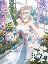 Rule 34 | 1girl, alternate costume, bare shoulders, blue flower, blue rose, blush, bouquet, braid, breasts, bride, center opening, cleavage, closed eyes, collarbone, dress, earrings, flower, gloves, hair over one eye, hairband, highres, holding, holding bouquet, honkai (series), honkai impact 3rd, indoors, jewelry, large breasts, light brown hair, lily (flower), liu lan, mole, mole under eye, navel, rita rossweisse, rita rossweisse (artemis), rose, see-through, short hair, smile, solo, thighhighs, wedding dress, white dress, white thighhighs
