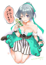 Rule 34 | 1girl, ;), absurdres, aqua bow, bare shoulders, black footwear, bow, breasts, cleavage, closed mouth, collarbone, dungeon ni deai wo motomeru no wa machigatteiru darou ka, from above, full body, hair between eyes, hair bow, highres, holding, long hair, medium breasts, miniskirt, momoyama hinase, one eye closed, ponytail, purple eyes, ryu lion, silver hair, simple background, skirt, smile, solo, speech bubble, strapless, striped clothes, striped skirt, syr flover, underbust, vertical-striped clothes, vertical-striped skirt, white background, white skirt, wrist cuffs