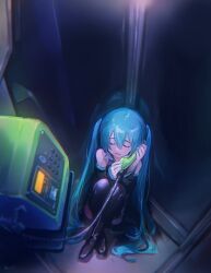 Rule 34 | 1girl, blue hair, blue nails, closed eyes, collared shirt, crossed ankles, crying, detached sleeves, dim lighting, from above, hatsune miku, highres, knees to chest, long hair, mi no take, nail polish, payphone, phone, phone booth, shirt, sitting, skirt, solo, talking on phone, thighhighs, twintails, very long hair, vocaloid