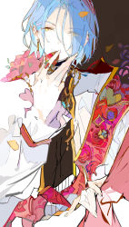 Rule 34 | 1boy, blue hair, brown background, chocolate covered strawberry, closed mouth, colored eyelashes, earrings, ensemble stars!, ezu (e104mjd), facing viewer, food, fruit, highres, himeru (ensemble stars!), jewelry, long sleeves, looking at viewer, looking to the side, male focus, multicolored background, red sash, sash, shirt, short hair, smile, solo, strawberry, white background, white shirt, yellow eyes