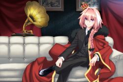 Rule 34 | 1boy, alternate costume, astolfo (fate), black bow, black pants, black ribbon, black vest, blush, bow, braid, cape, couch, crown, fang, fate/apocrypha, fate/grand order, fate (series), formal, gloves, hair intakes, hair ribbon, highres, jacket, long braid, long hair, looking at viewer, male focus, mini crown, necktie, open clothes, open jacket, pants, phonograph, pink eyes, pink hair, pinstripe pattern, pinstripe vest, red cape, ribbon, shirt, single braid, sitting, skin fang, smile, solo, striped clothes, striped vest, suit, suit jacket, uiu, vest, white gloves, white shirt