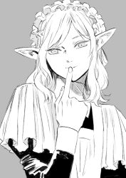 Rule 34 | 1boy, apron, dungeon meshi, elf, finger to mouth, kabe piko, long sleeves, looking at viewer, maid, maid apron, maid headdress, male focus, medium hair, mithrun, monochrome, pointy ears, simple background, solo, wavy hair, wrist cuffs