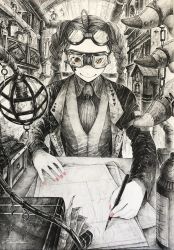 Rule 34 | 1girl, book, braid, clock, collared shirt, commentary request, drawing, earrings, goggles, goggles on eyes, goggles on head, greyscale, holding, holding pencil, jacket, jar, jewelry, long sleeves, looking at viewer, mihiro 00122, monochrome, nail polish, necktie, open clothes, open jacket, orange eyes, original, pencil, pink nails, industrial pipe, shirt, smile, solo, spot color, twin braids, twintails, upper body, vest