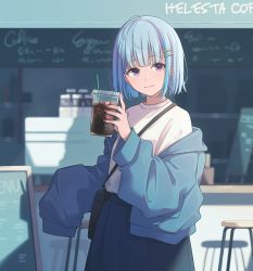 Rule 34 | 1girl, absurdres, alternate hairstyle, bag, blue hair, blurry, blurry background, blush, bob cut, cup, disposable cup, drink, drinking straw, ene mizunoawa, english text, hair ornament, hairclip, handbag, highres, holding, holding cup, ice, ice cube, jacket, light smile, lize helesta, looking at viewer, nail polish, nijisanji, off shoulder, purple eyes, red nails, short hair, skirt, sleeves past fingers, sleeves past wrists, solo, standing, virtual youtuber
