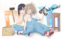 Rule 34 | 2girls, ahoge, bandaid, bandaid on cheek, bandaid on face, bandaid on nose, black hair, blue overalls, bob cut, closed mouth, colored inner hair, commentary, copyright name, do it yourself!!, english text, grey hair, hair between eyes, hammer, highres, holding, holding hammer, holding power drill, indian style, leaning on person, midiman, multicolored hair, multiple girls, open mouth, outline, overalls, power drill, purple hair, red eyes, shirt, shoes, short hair, short sleeves, sitting, smile, sneakers, strap slip, strapless, strapless shirt, suride miku, t-shirt, text background, white footwear, white outline, white shirt, yua serufu