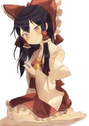 Rule 34 | 1girl, absurdres, ascot, bare shoulders, barefoot, black hair, blush, bow, brown eyes, commentary request, cup, detached sleeves, frilled bow, frilled hair tubes, frilled shirt collar, frilled skirt, frills, from side, full body, hair between eyes, hair bow, hair tubes, hakurei reimu, highres, holding, holding cup, long hair, long sleeves, looking at viewer, parted lips, red bow, red skirt, red vest, seika okawari, seiza, sidelocks, simple background, sitting, skirt, soles, solo, toes, touhou, vest, white background, wide sleeves, yellow ascot