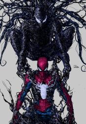Rule 34 | 1boy, absurdres, alien, bodysuit, formal, highres, looking at viewer, mask, red bodysuit, red suit, rxzarx, seiza, signature, simple background, sitting, spider-man, suit, symbiote, venom (marvel)