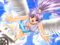 Rule 34 | 1girl, angel, angel wings, choker, clock, flying, game cg, head wings, jewelry, long hair, lucy fouque, men at work! 2, midriff, necklace, non-web source, ponytail, red eyes, sandals, sky, solo, wings, yamamoto kazue